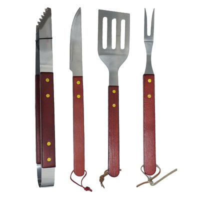 Набор для барбекю 2 Культуры, нержавеющая сталь, дерево, 4 предмета, вилка, нож, щипцы, лопатка, в фартуке